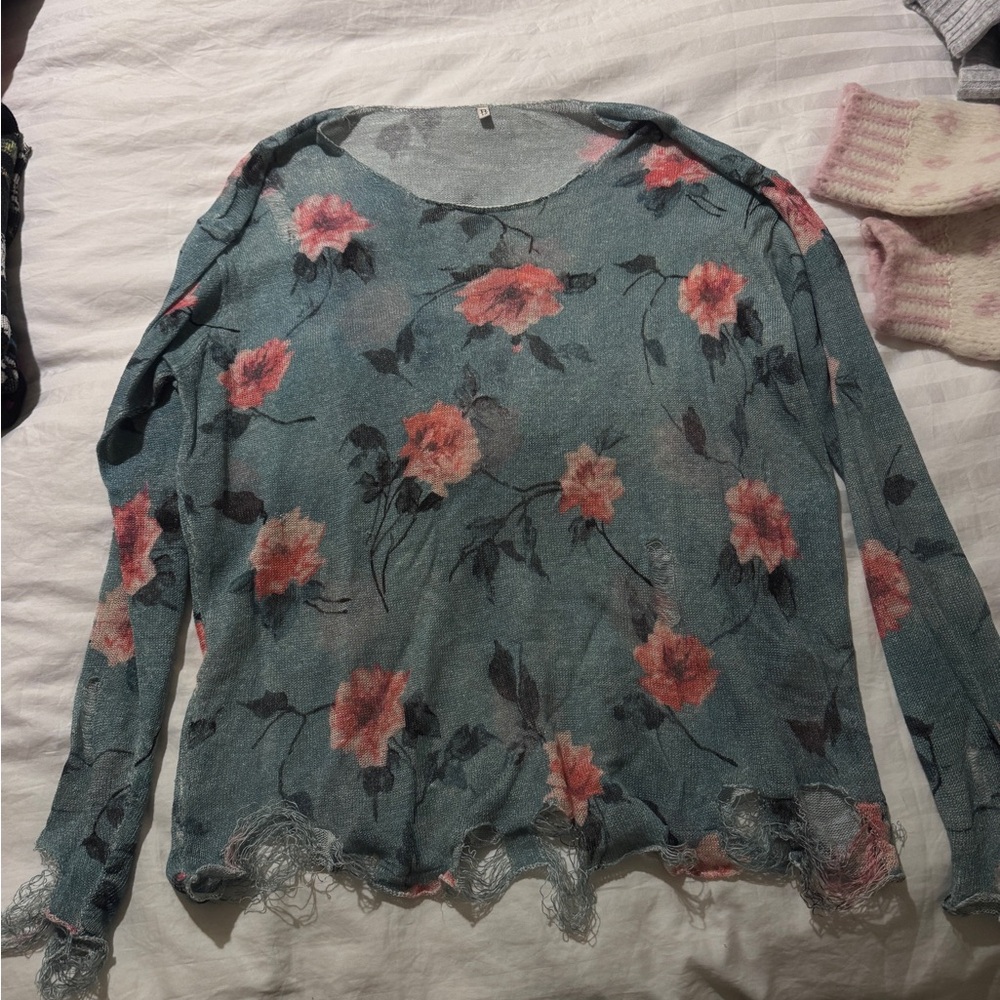 R13 Teal Sheer Floral Crewneck Sweater with Pink Roses
